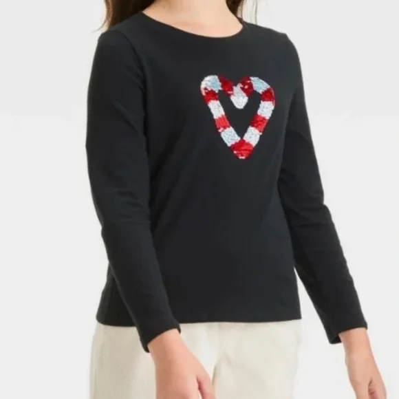 Girls Longsleeve Christmas Candy Cane Sequin Shirt - Picture 1 of 2